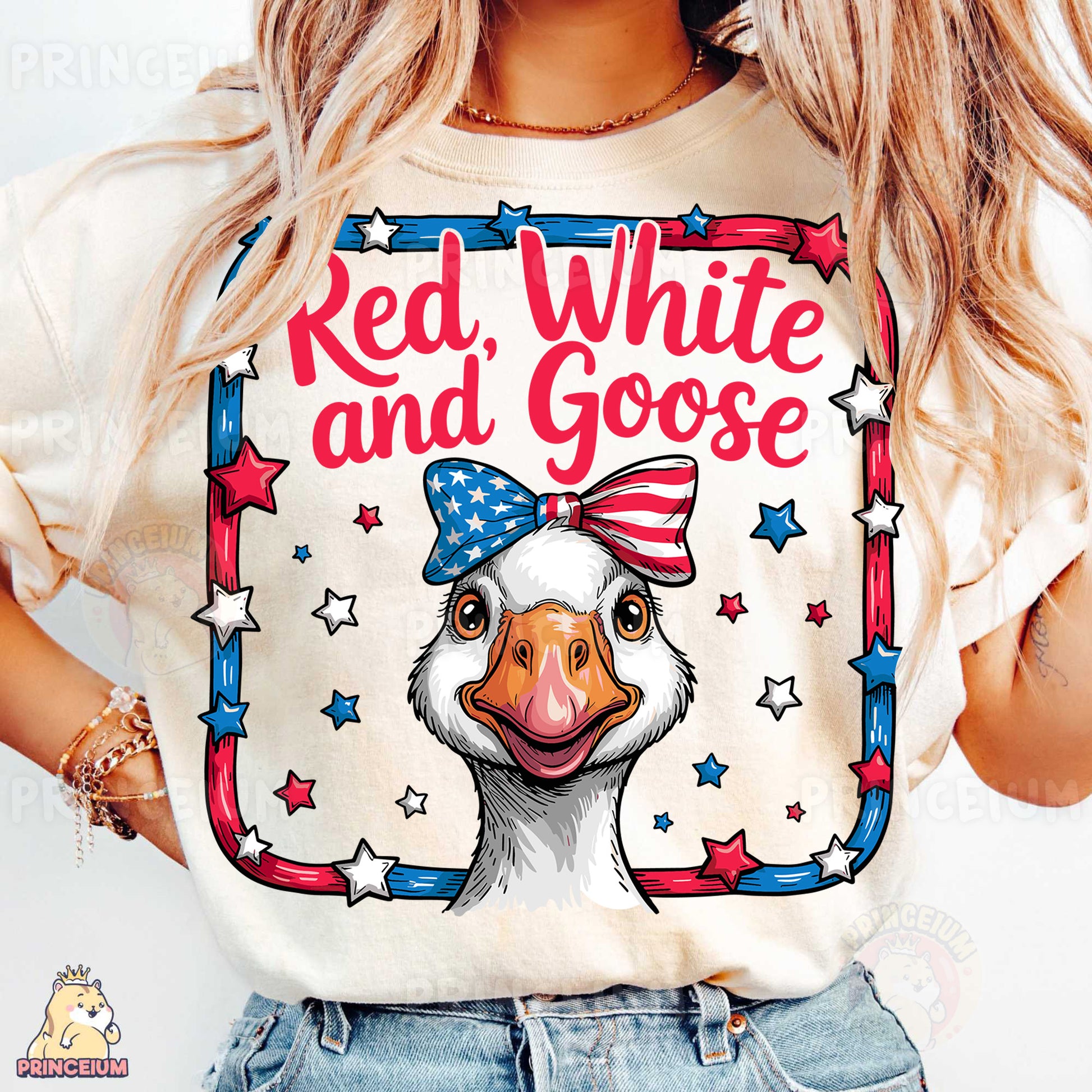 a woman wearing a red, white and goose t - shirt