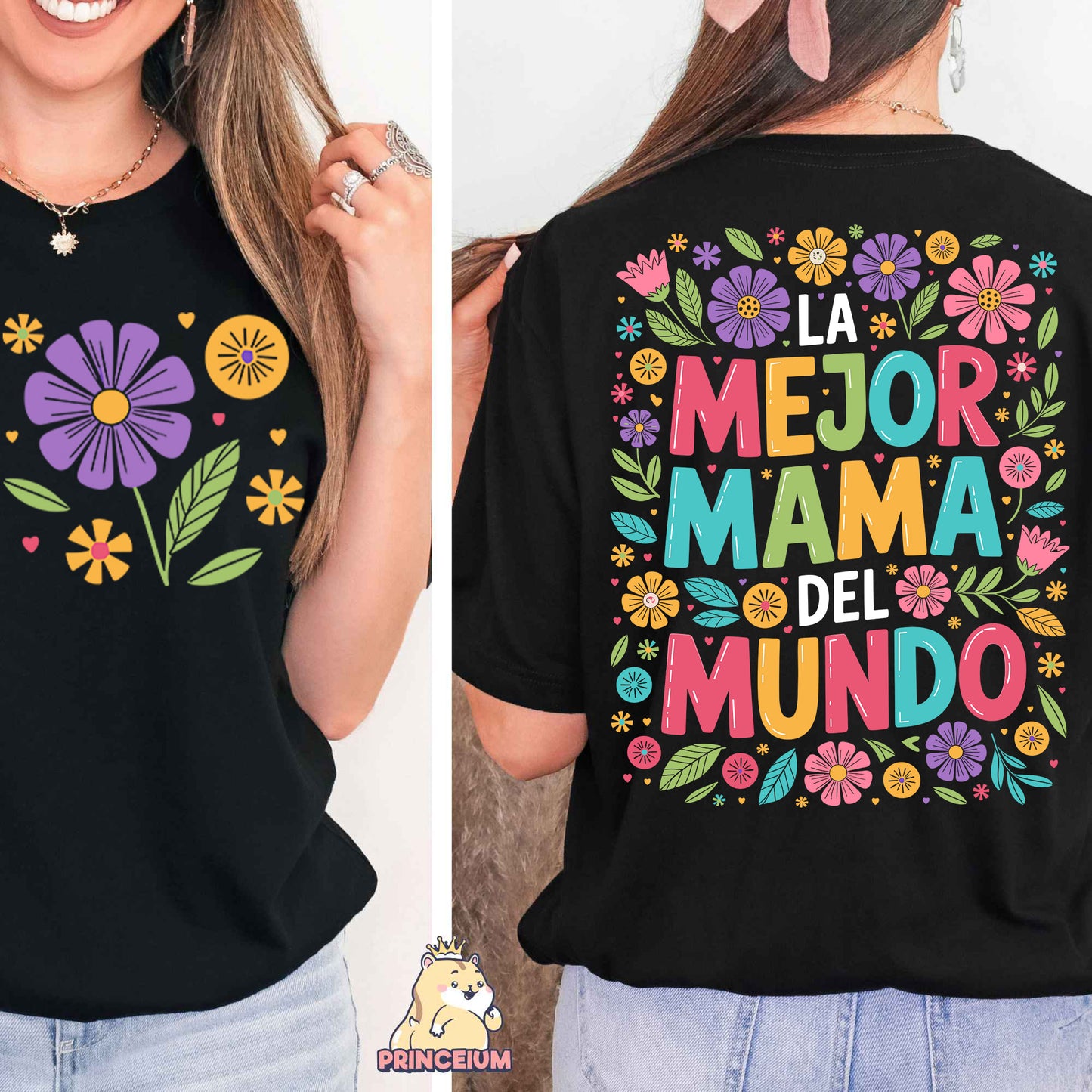 a woman wearing a black shirt with colorful flowers on it