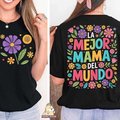 a woman wearing a black shirt with colorful flowers on it