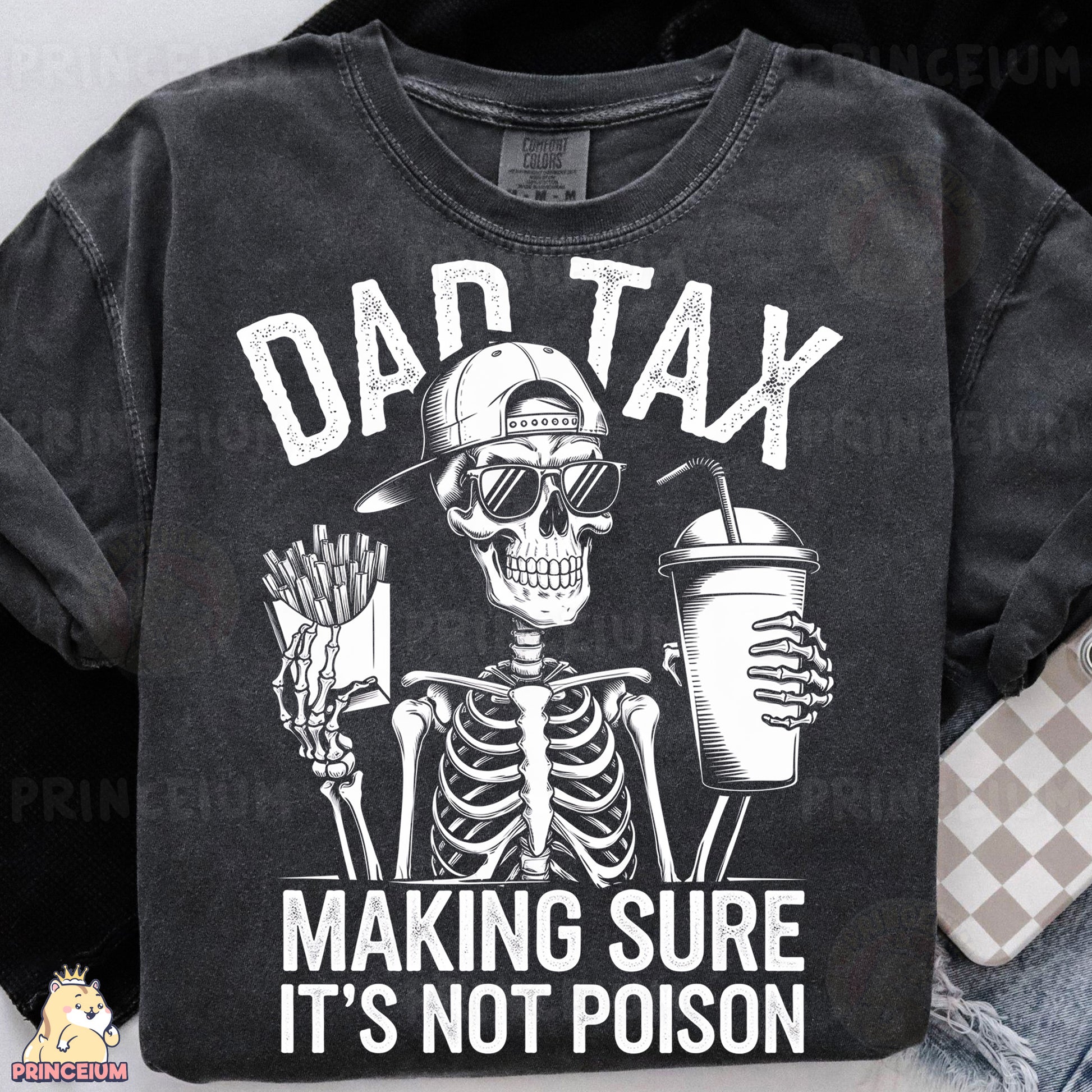 a black shirt with a skeleton holding a drink