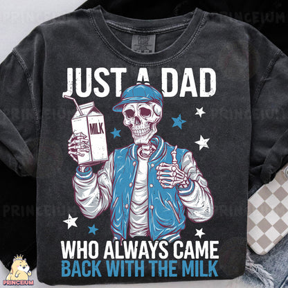 a black shirt with a skeleton holding a milk carton