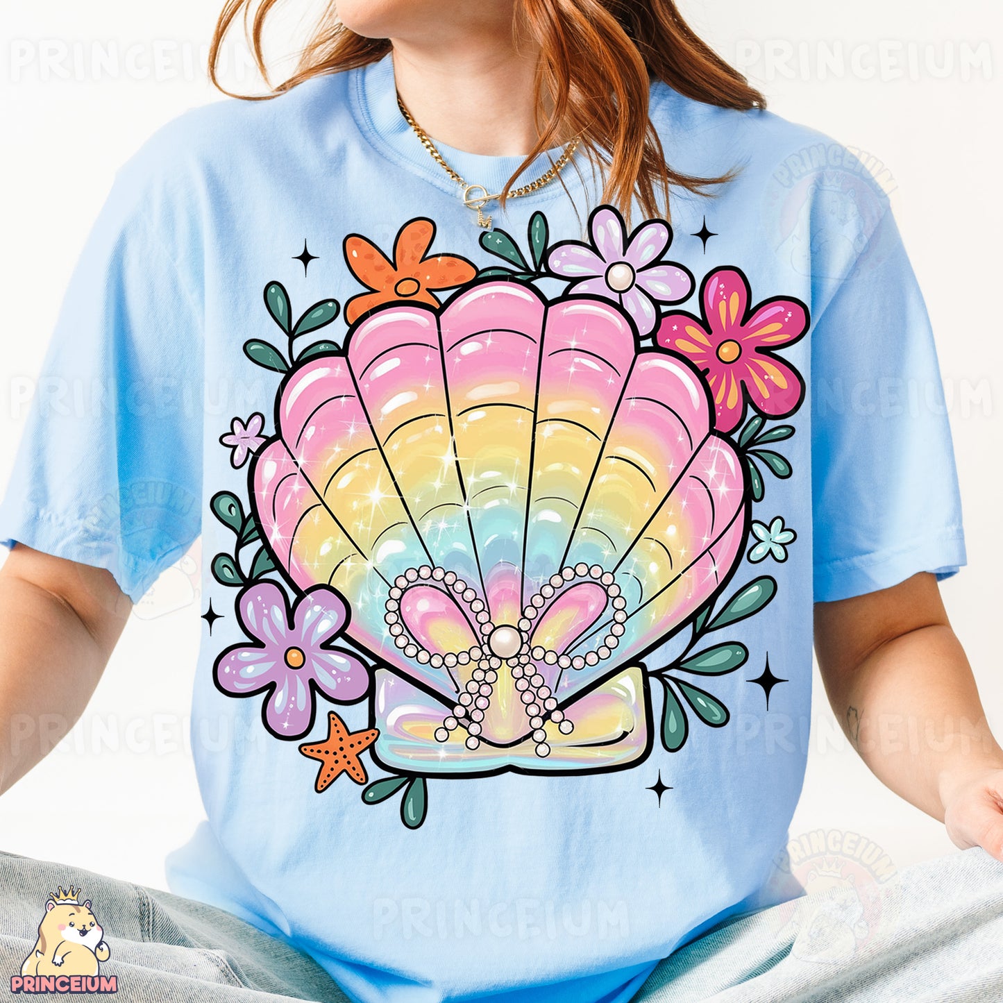a woman wearing a t - shirt with a seashell on it