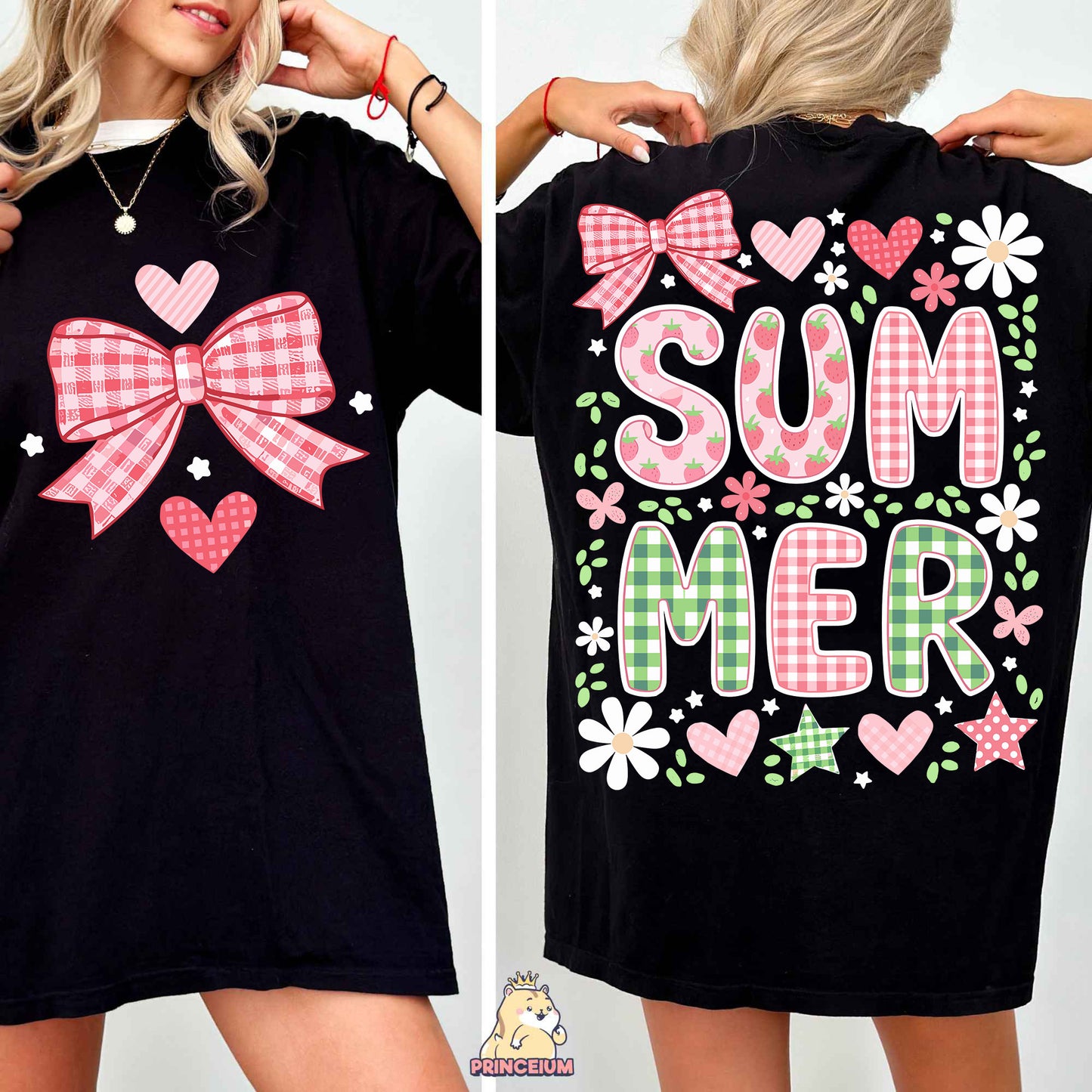 a woman wearing a black shirt with a pink bow