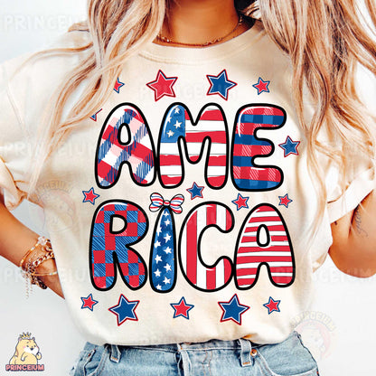 a woman wearing a t - shirt that says ame rica