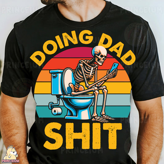 a man wearing a black shirt with a skeleton sitting on a toilet