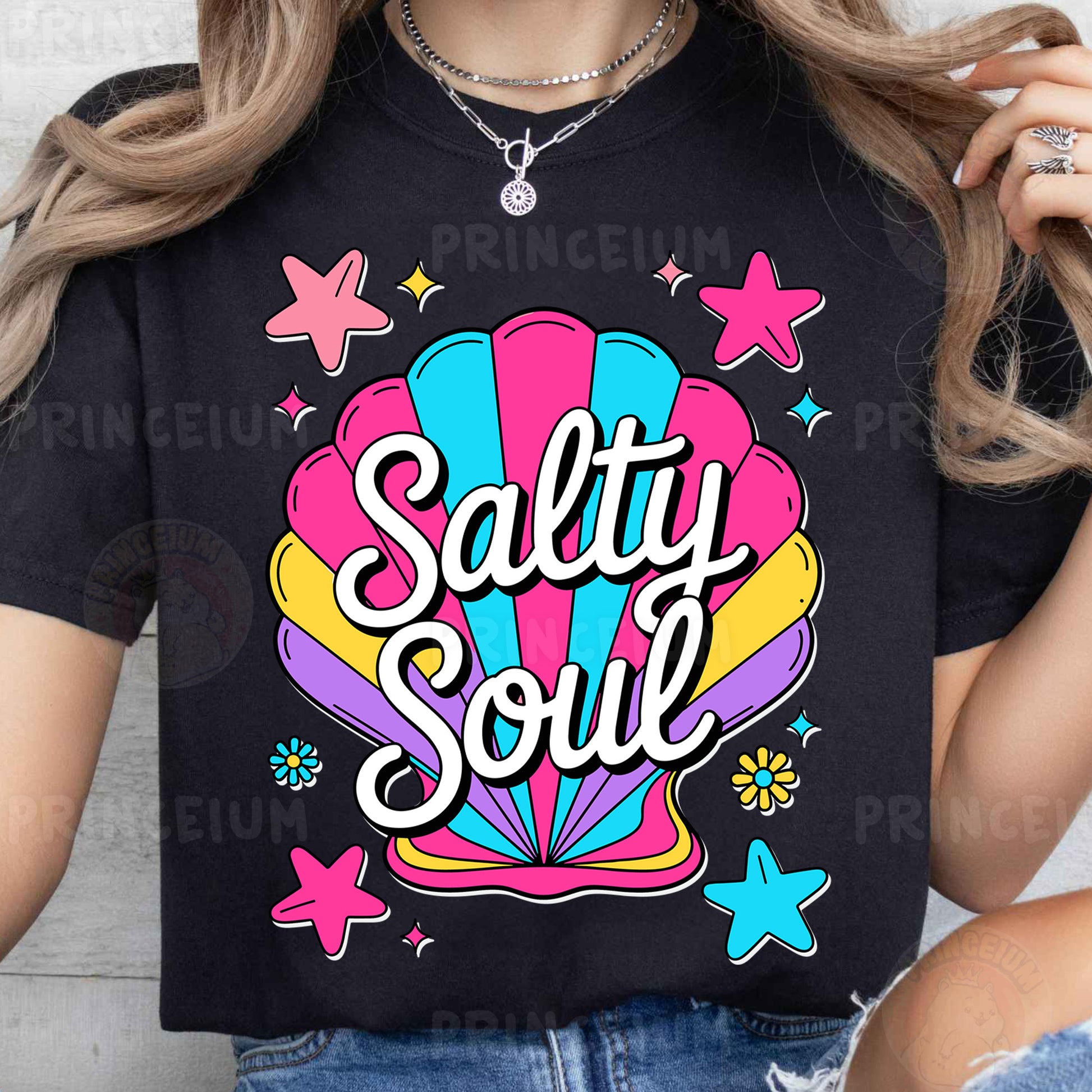 a woman wearing a t - shirt that says salty soul
