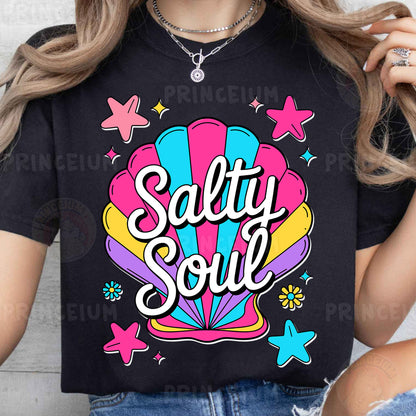a woman wearing a t - shirt that says salty soul