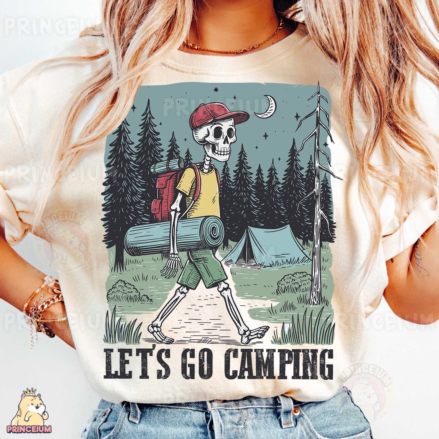 a woman wearing a t - shirt that says let's go camping