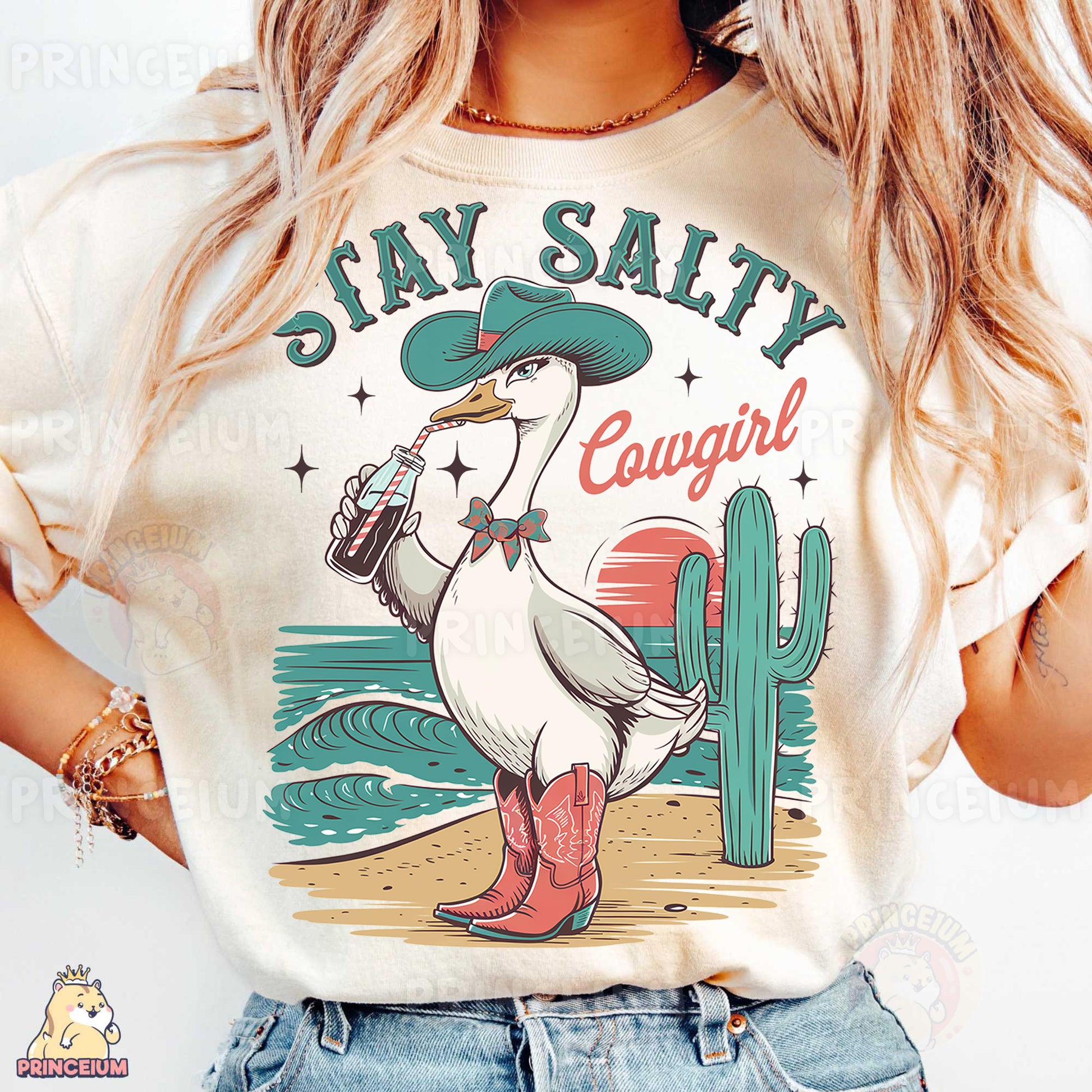 a woman wearing a t - shirt with a duck on it