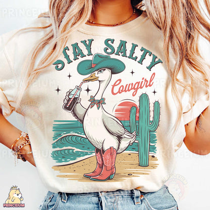 a woman wearing a t - shirt with a duck on it