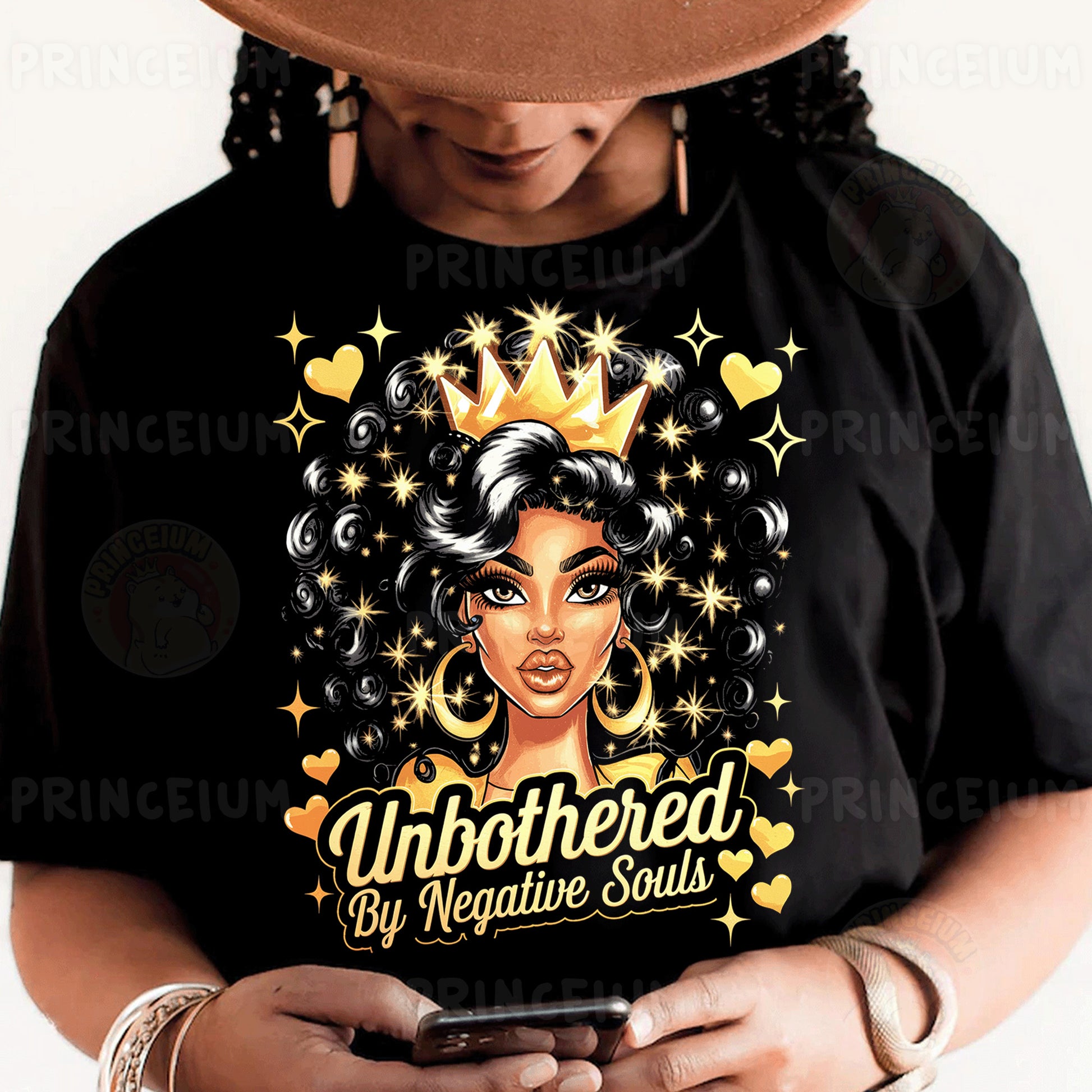 a woman wearing a black shirt with a crown on her head