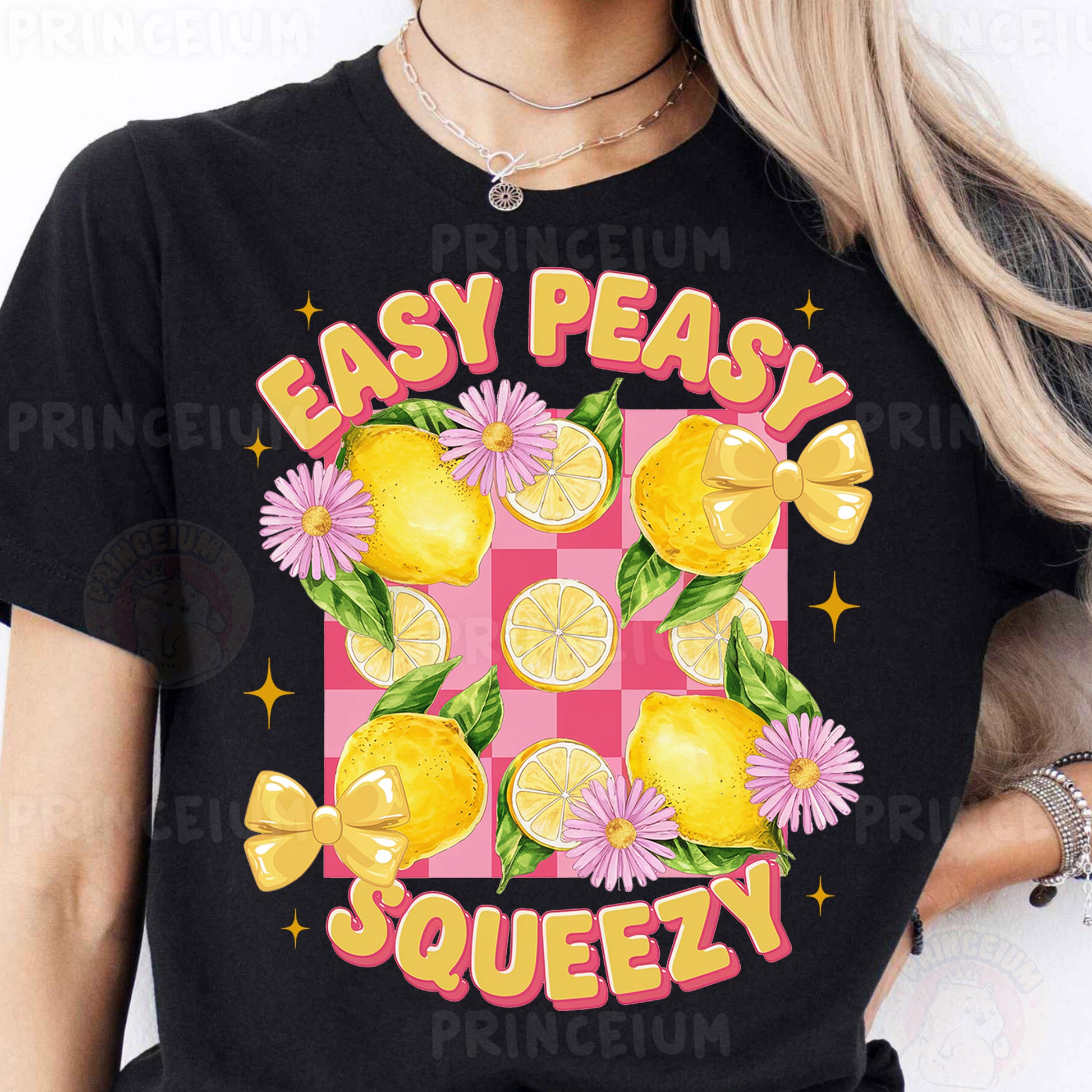 a woman wearing a t - shirt that says easy peasy