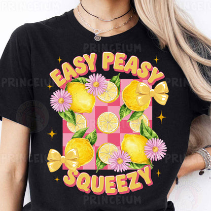 a woman wearing a t - shirt that says easy peasy