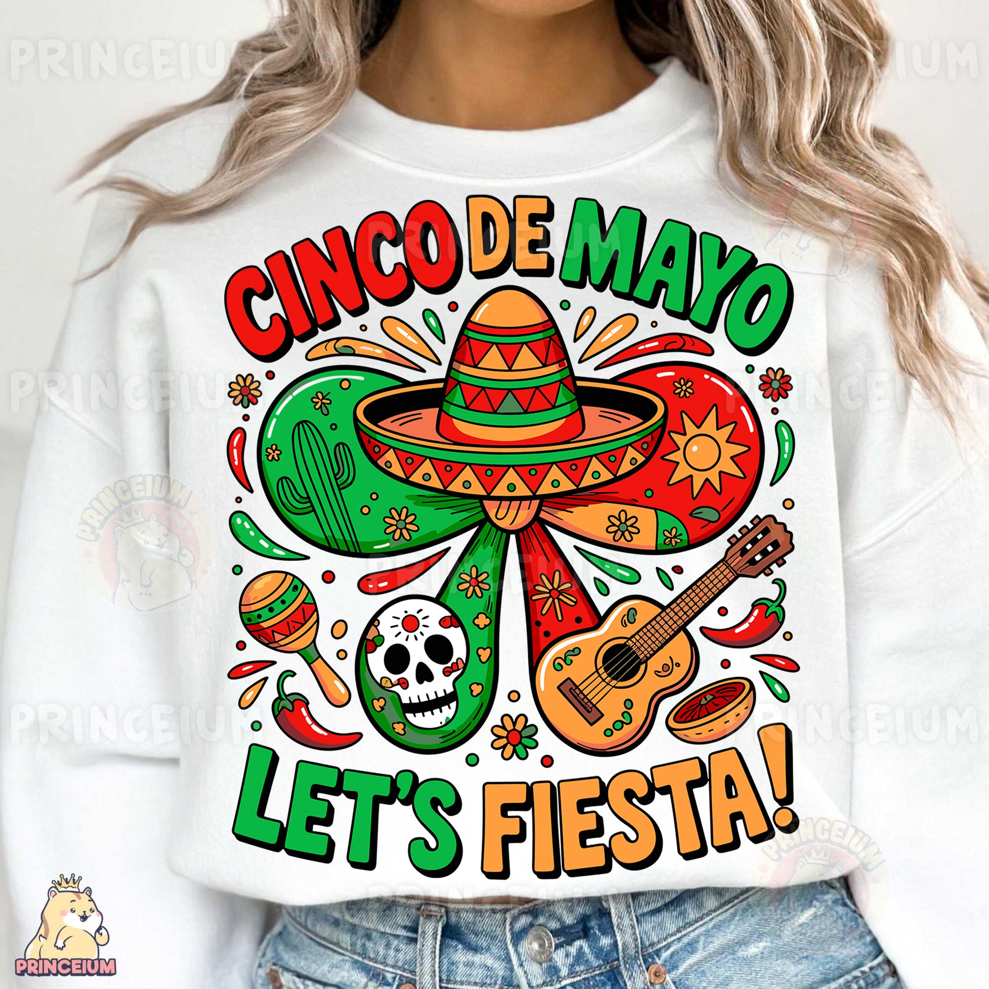 a woman wearing a white sweatshirt with a cinco de mayo let's fiesta