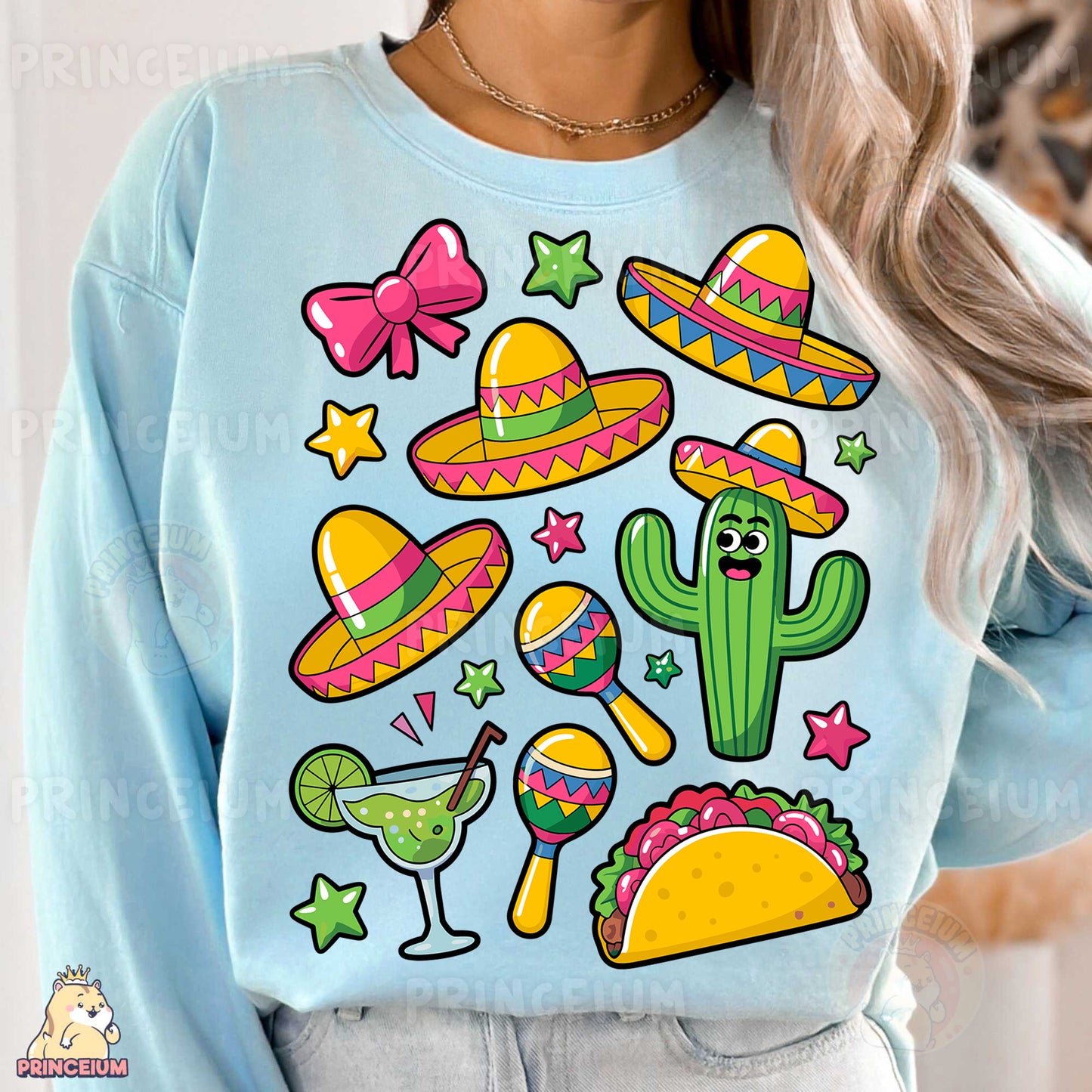 a woman wearing a blue sweatshirt with mexican icons on it