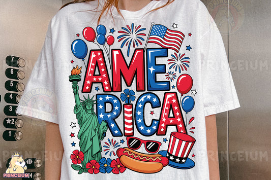 a woman wearing a t - shirt that says america