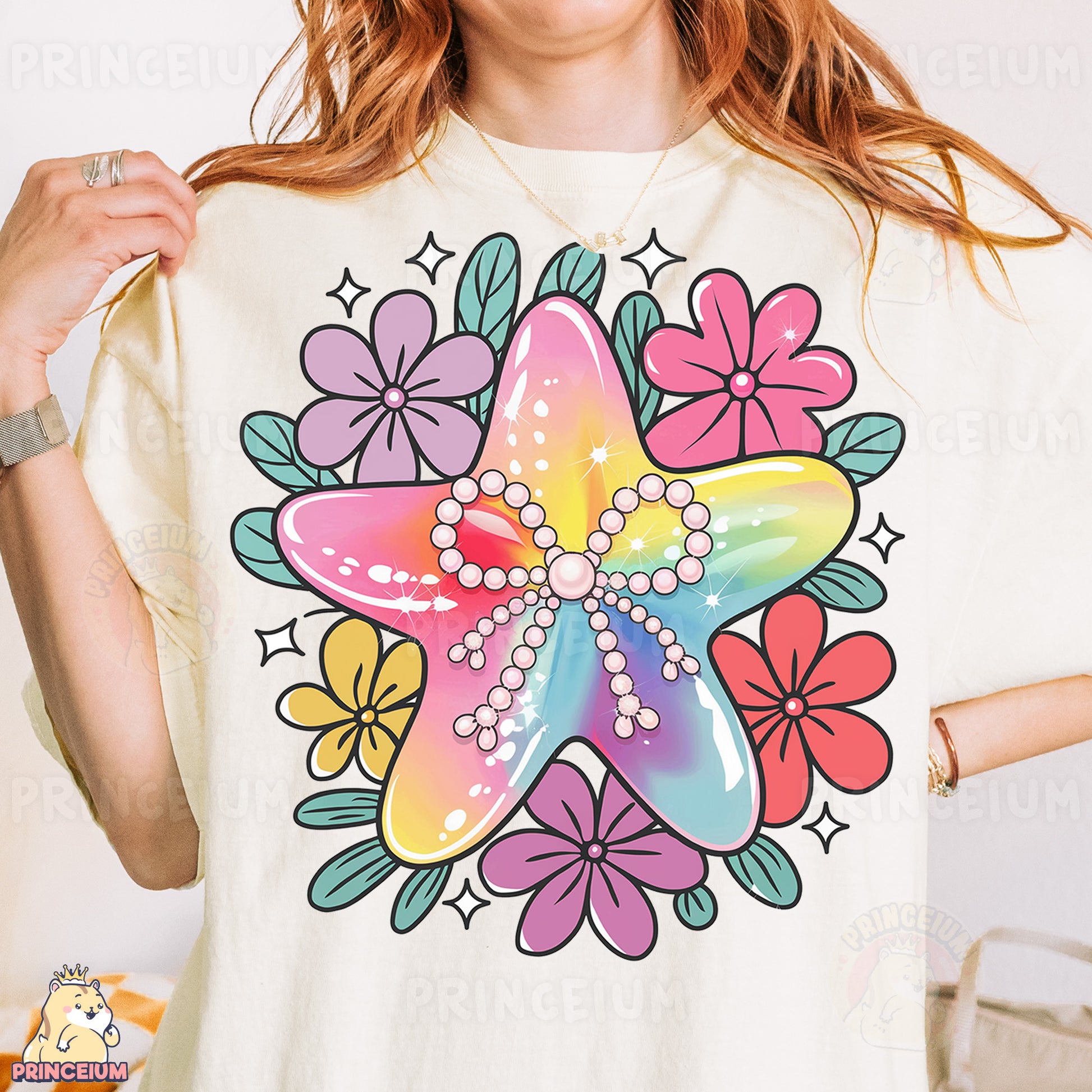 a woman wearing a t - shirt with a flower design on it