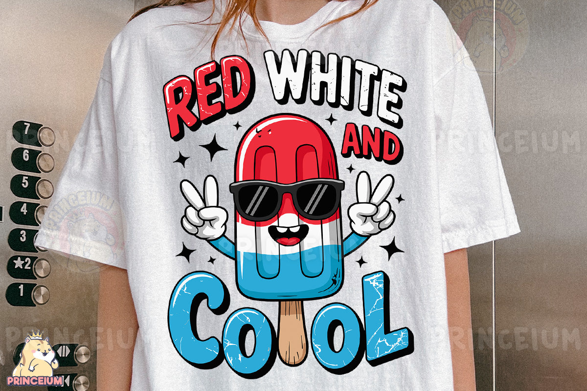 a woman wearing a red, white and blue ice cream t - shirt