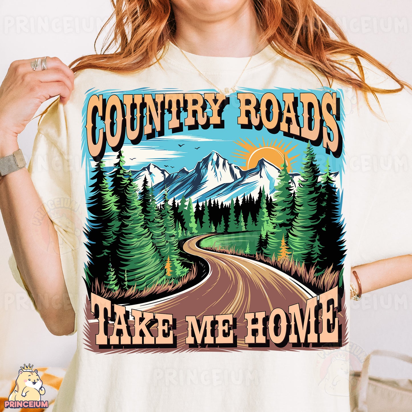 a woman wearing a country roads take me home t - shirt