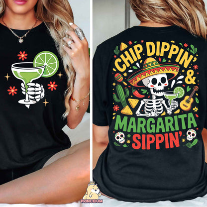 a woman wearing a shirt that says chip dippin and margarita sipin