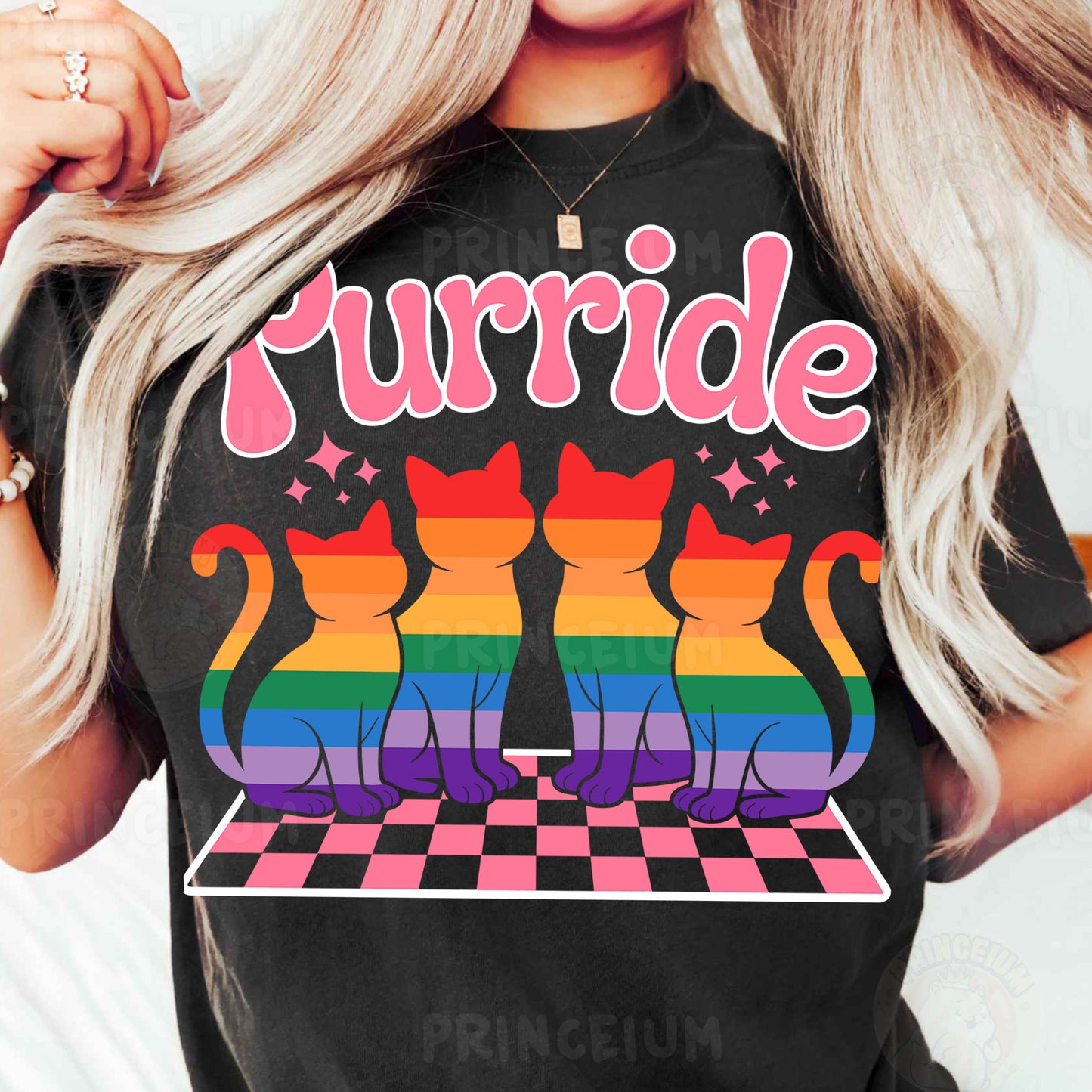 a woman wearing a black tshirt with three cats on it