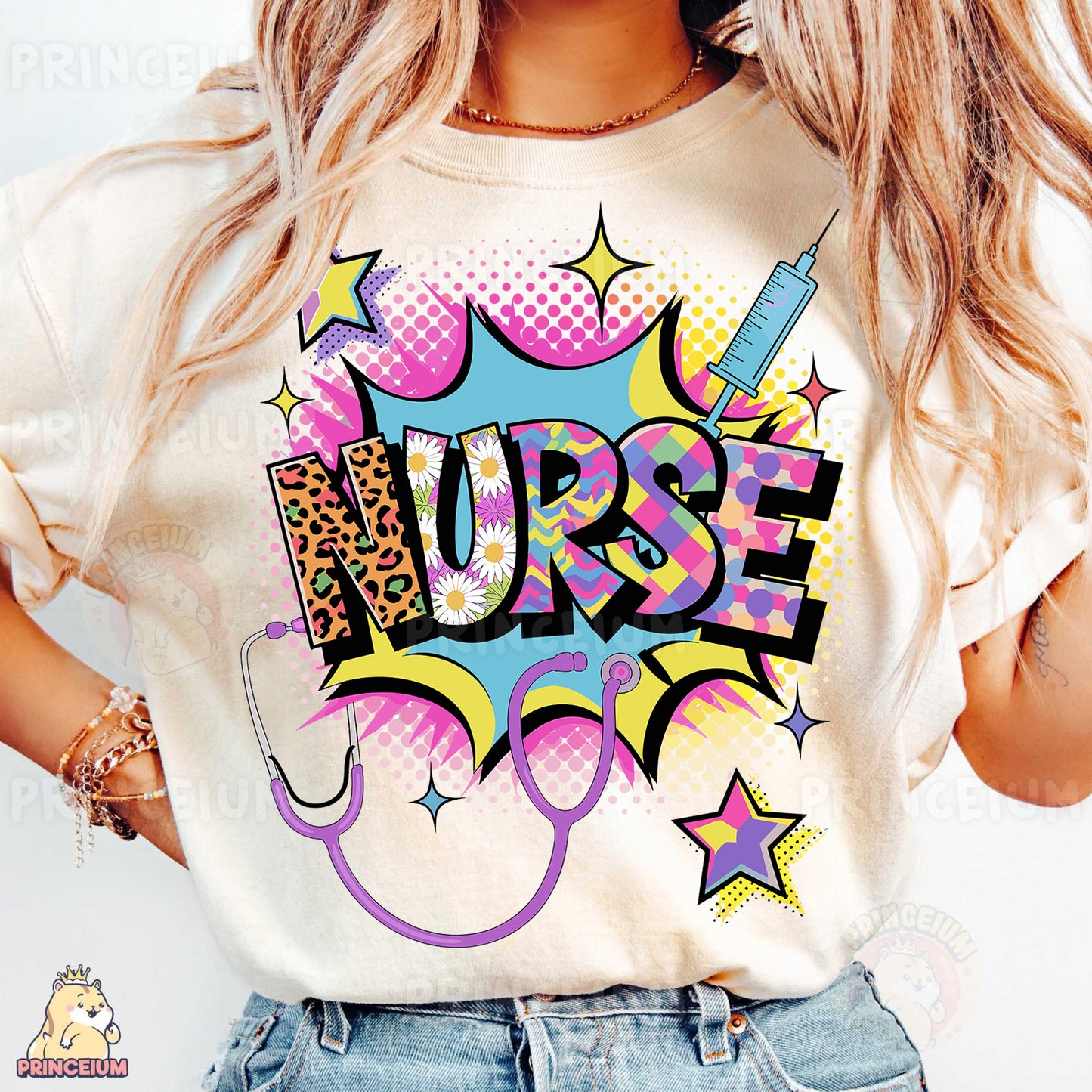 a woman wearing a t - shirt that says nurse