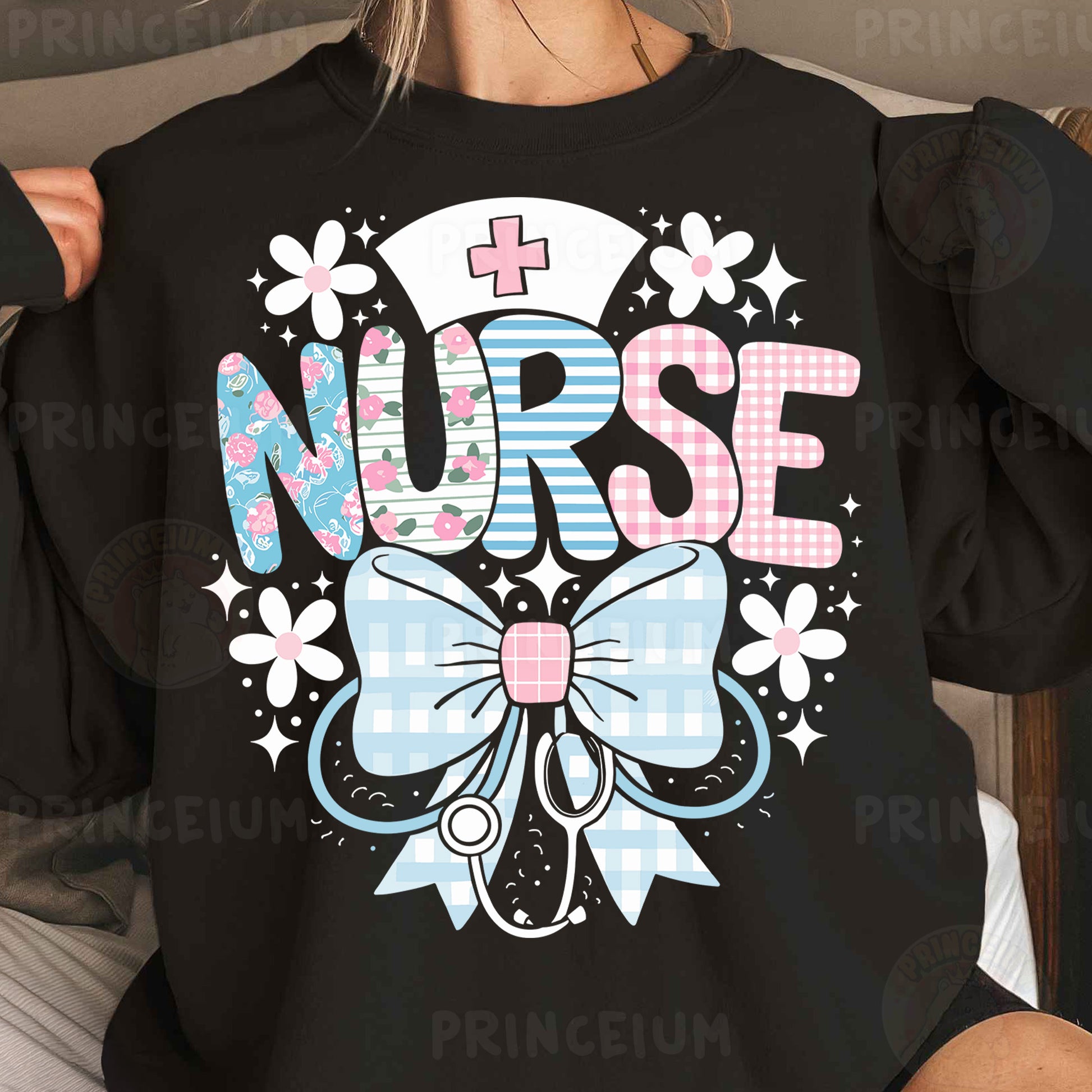a woman wearing a black shirt that says nurse