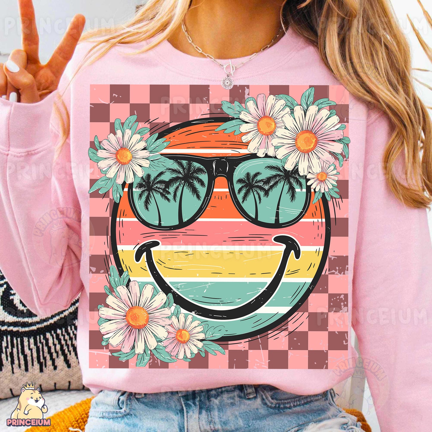 a woman wearing a pink shirt with a smiley face on it