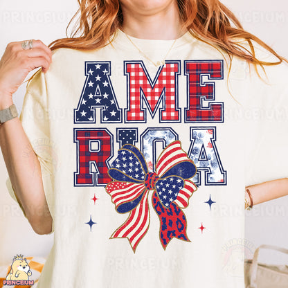 a woman wearing a white shirt with an american flag bow