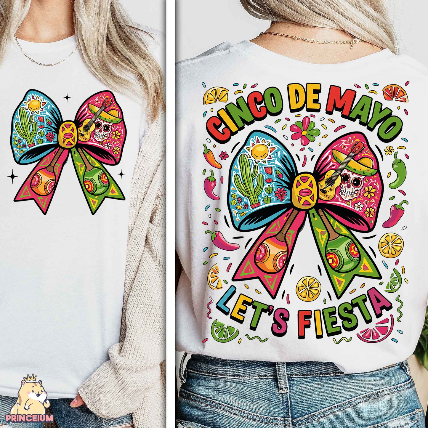 a woman wearing a white shirt with a colorful bow