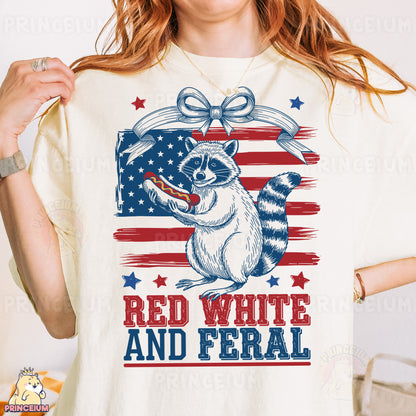 a woman wearing a red, white and feal shirt with a raccoon