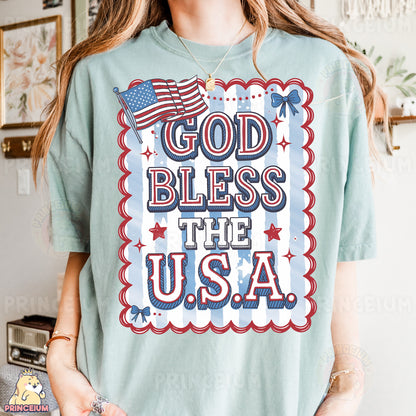a woman wearing a t - shirt that says god bless the usa