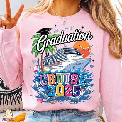 a woman wearing a pink graduation sweatshirt with a cruise ship on it
