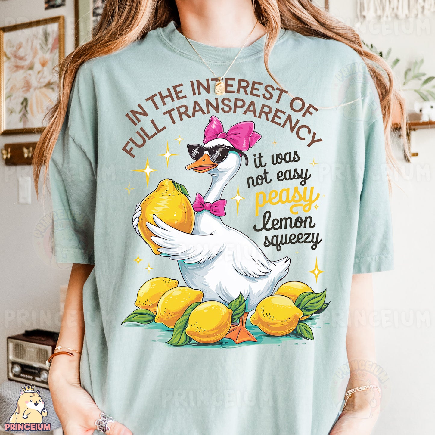 a woman wearing a t - shirt with a duck on it