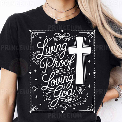 a woman wearing a black t - shirt with a cross on it