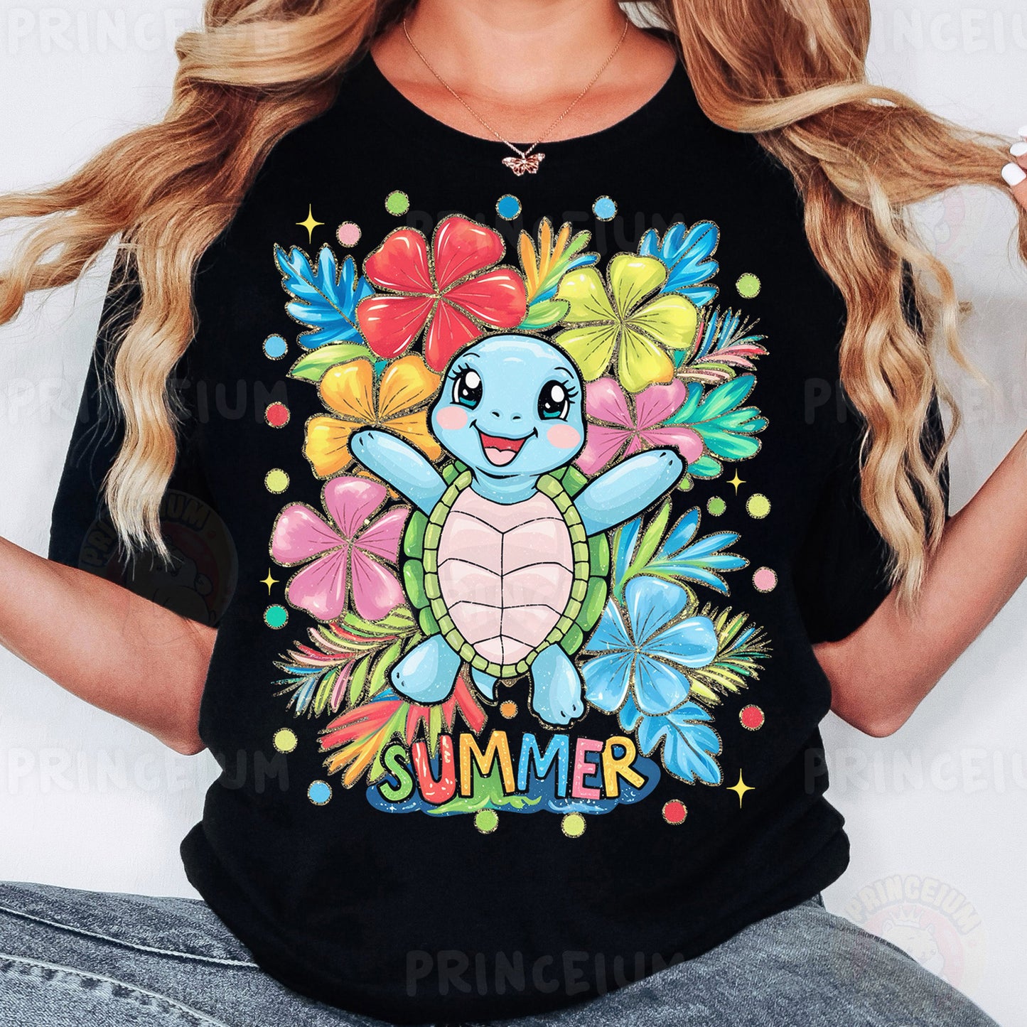a woman wearing a black shirt with a turtle on it