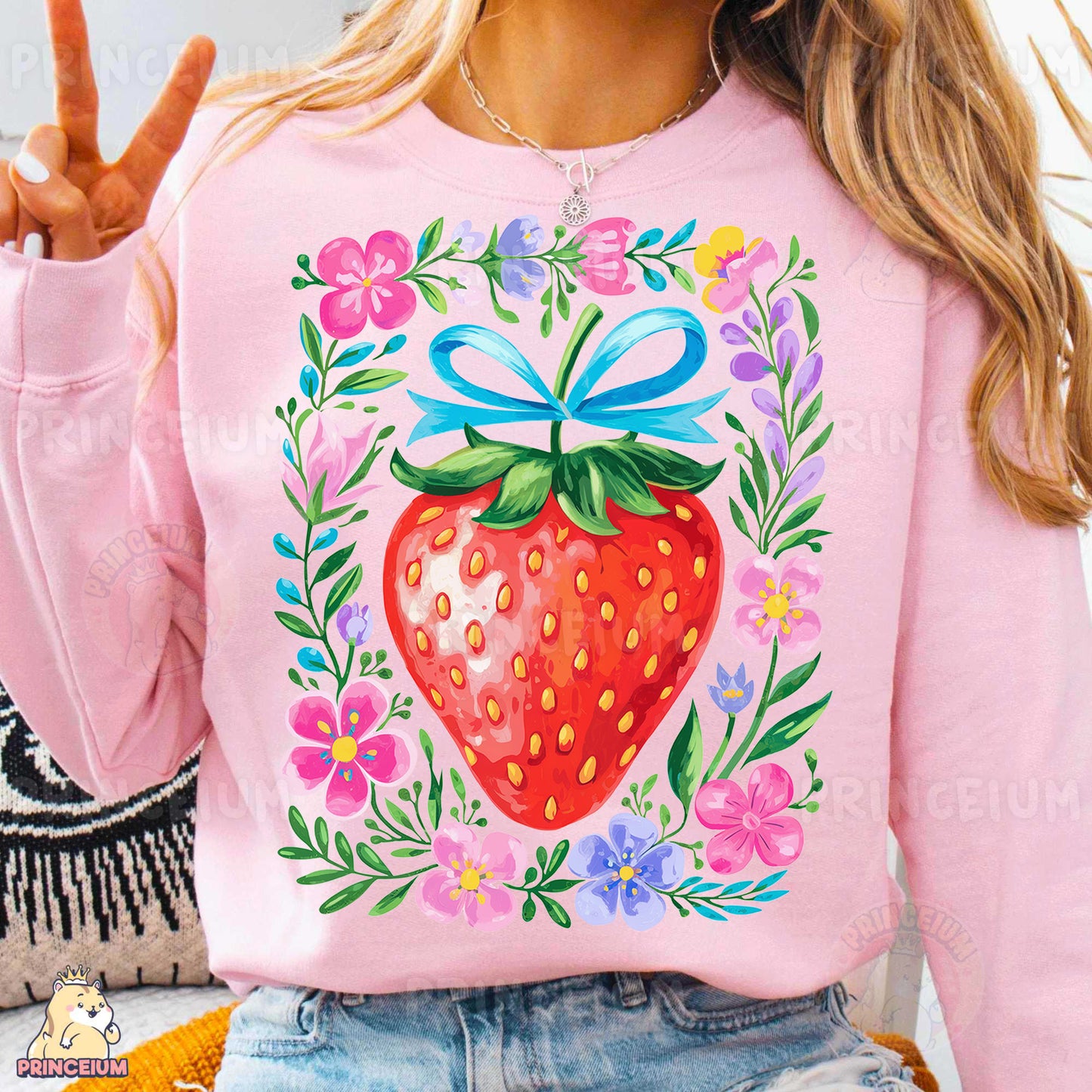 a woman wearing a pink shirt with a strawberry on it