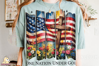 a woman wearing a t - shirt with a cross and american flags on it