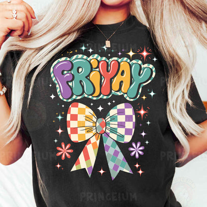 a woman wearing a black shirt with a colorful bow on it