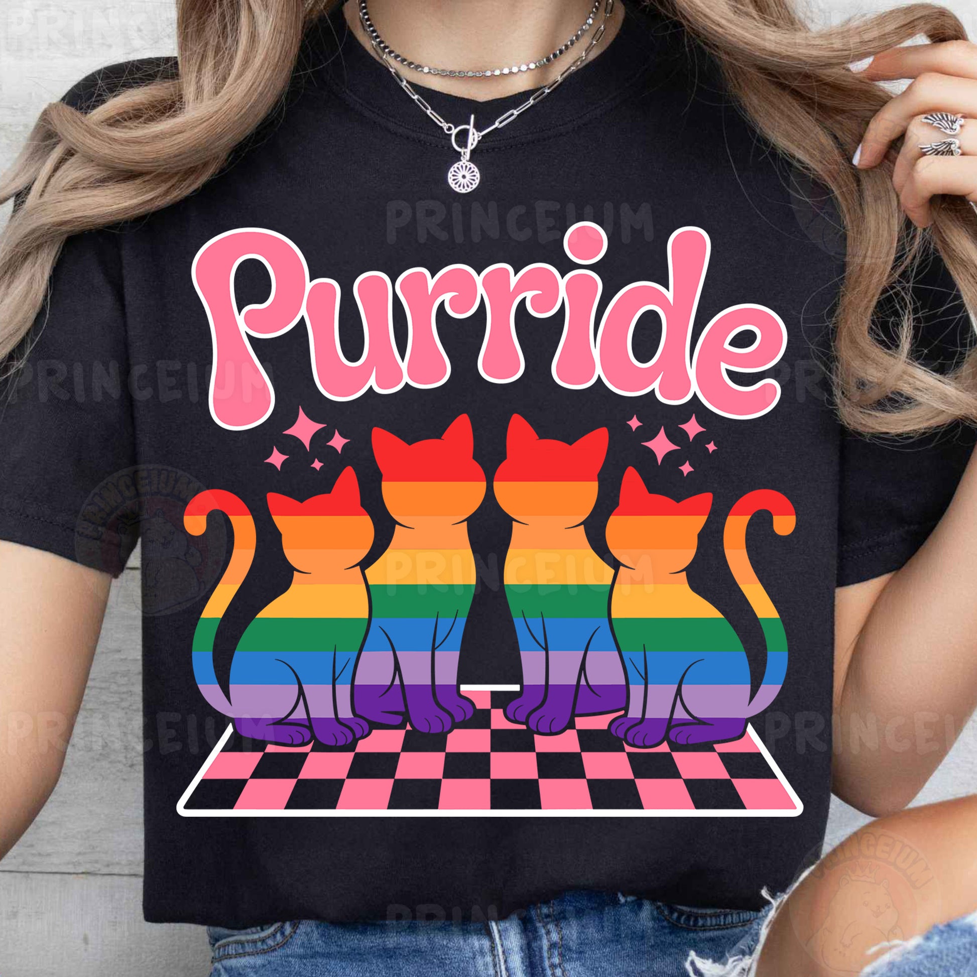 a woman wearing a black shirt that says purrde