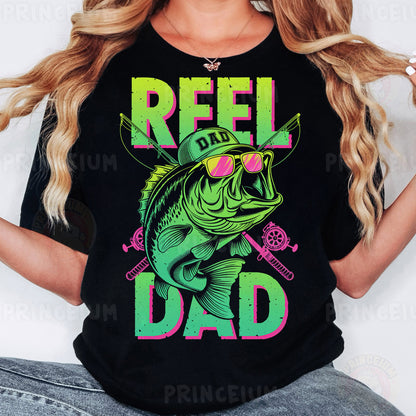 a woman wearing a black reel dad t - shirt