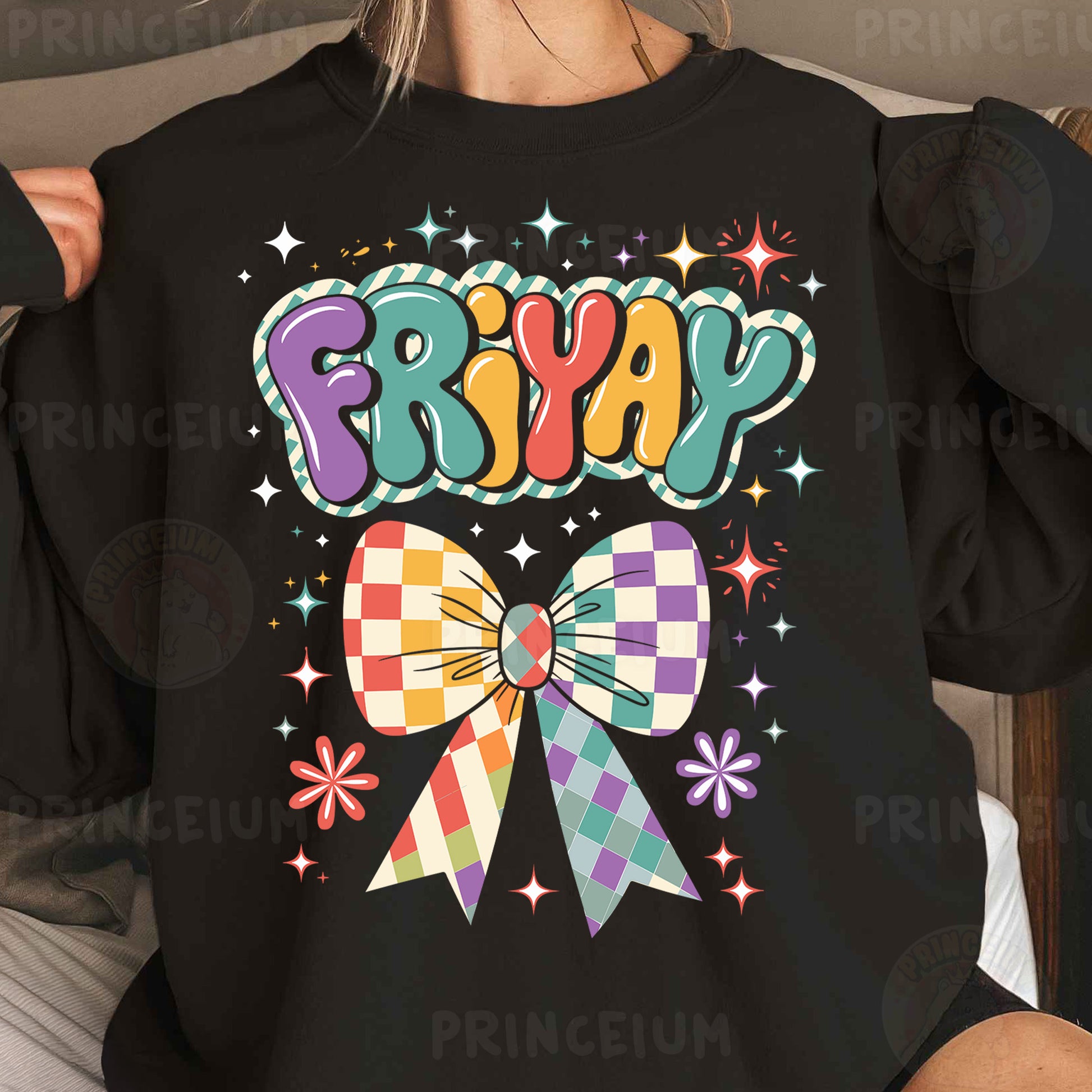 a woman wearing a black shirt that says friyap