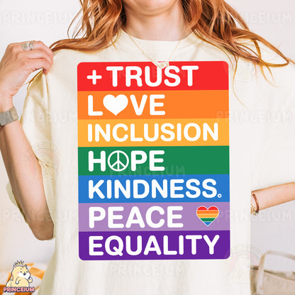 a woman wearing a t - shirt that says trust love, love, inclusion,