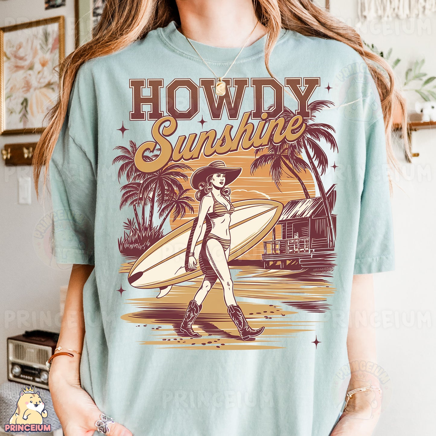 a woman holding a surfboard while wearing a t - shirt