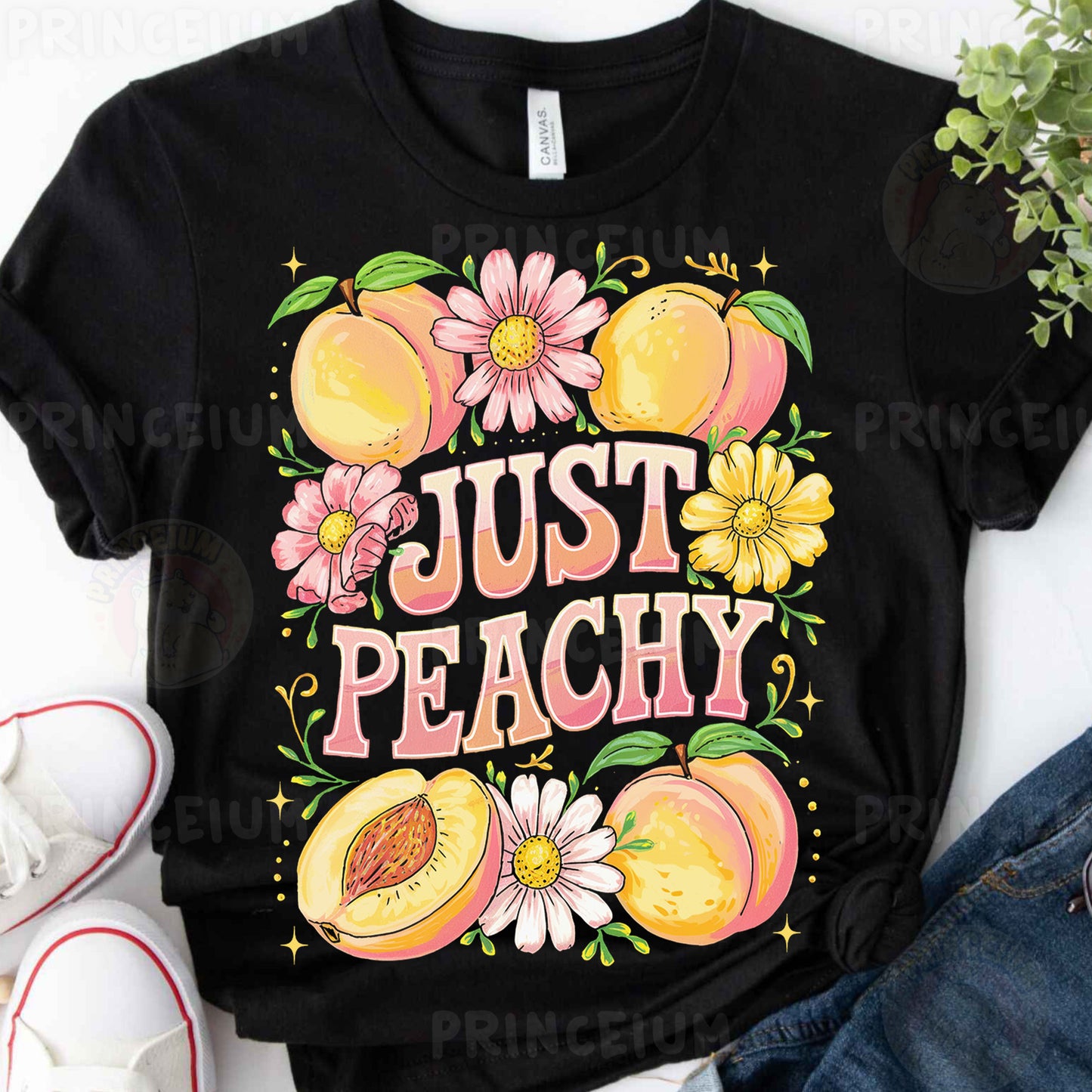 a t - shirt that says just peachy with peaches and daisies