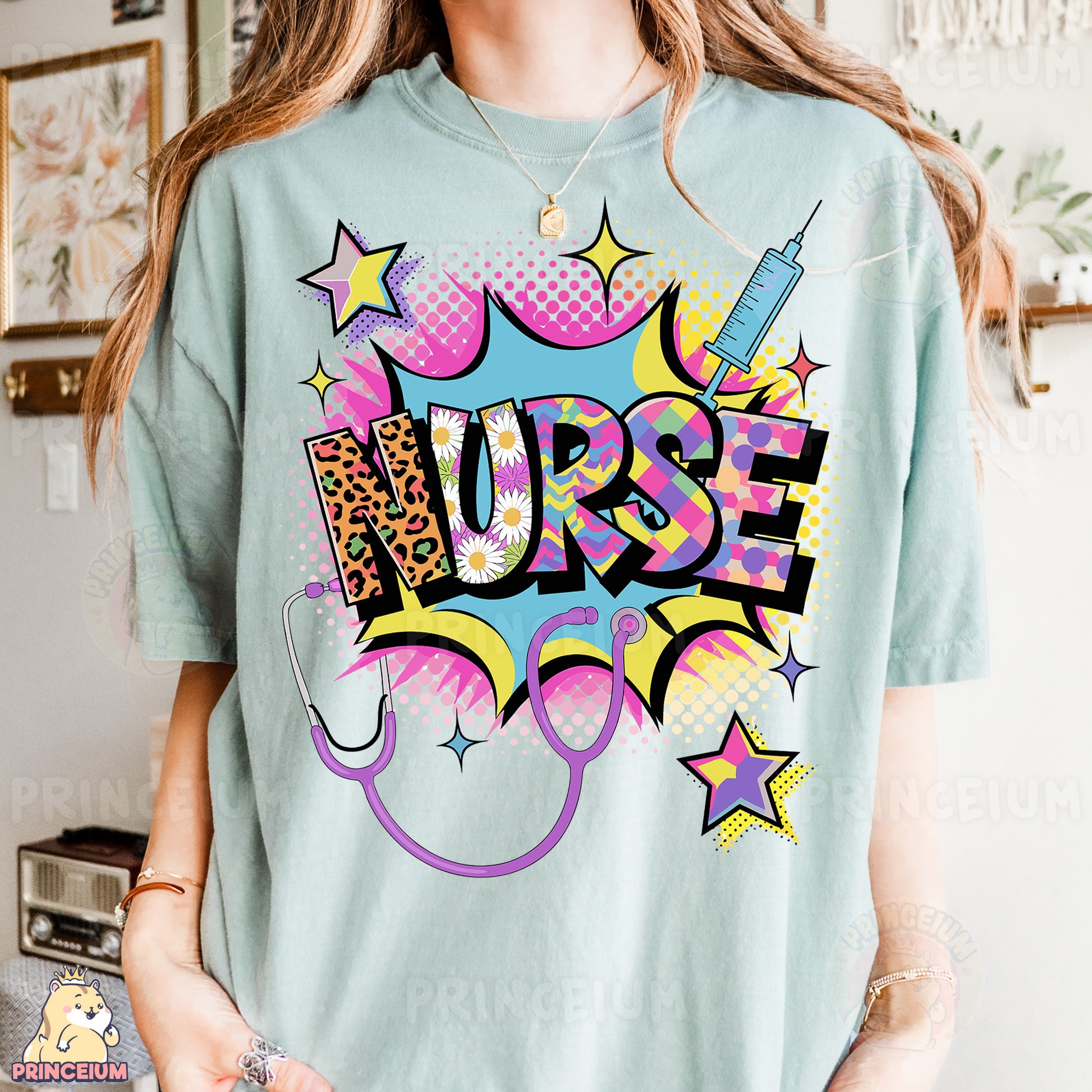 a woman wearing a t - shirt that says nurse