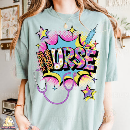 a woman wearing a t - shirt that says nurse