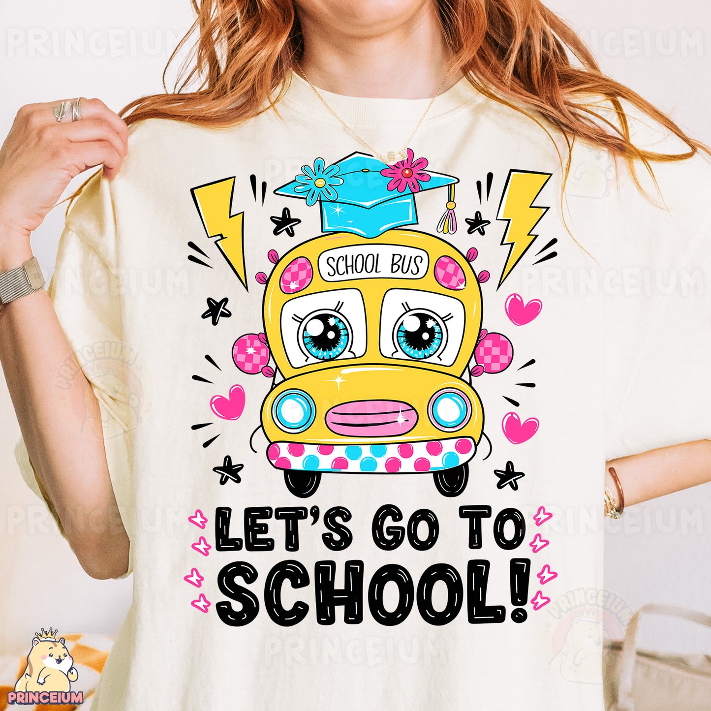a woman wearing a t - shirt that says school bus let's go to