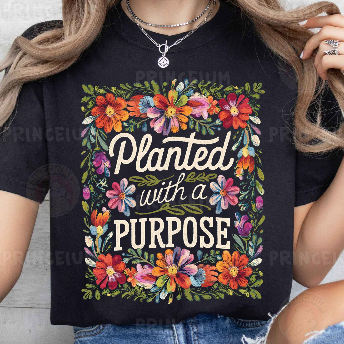 a woman wearing a black shirt that says, planted with a purpose
