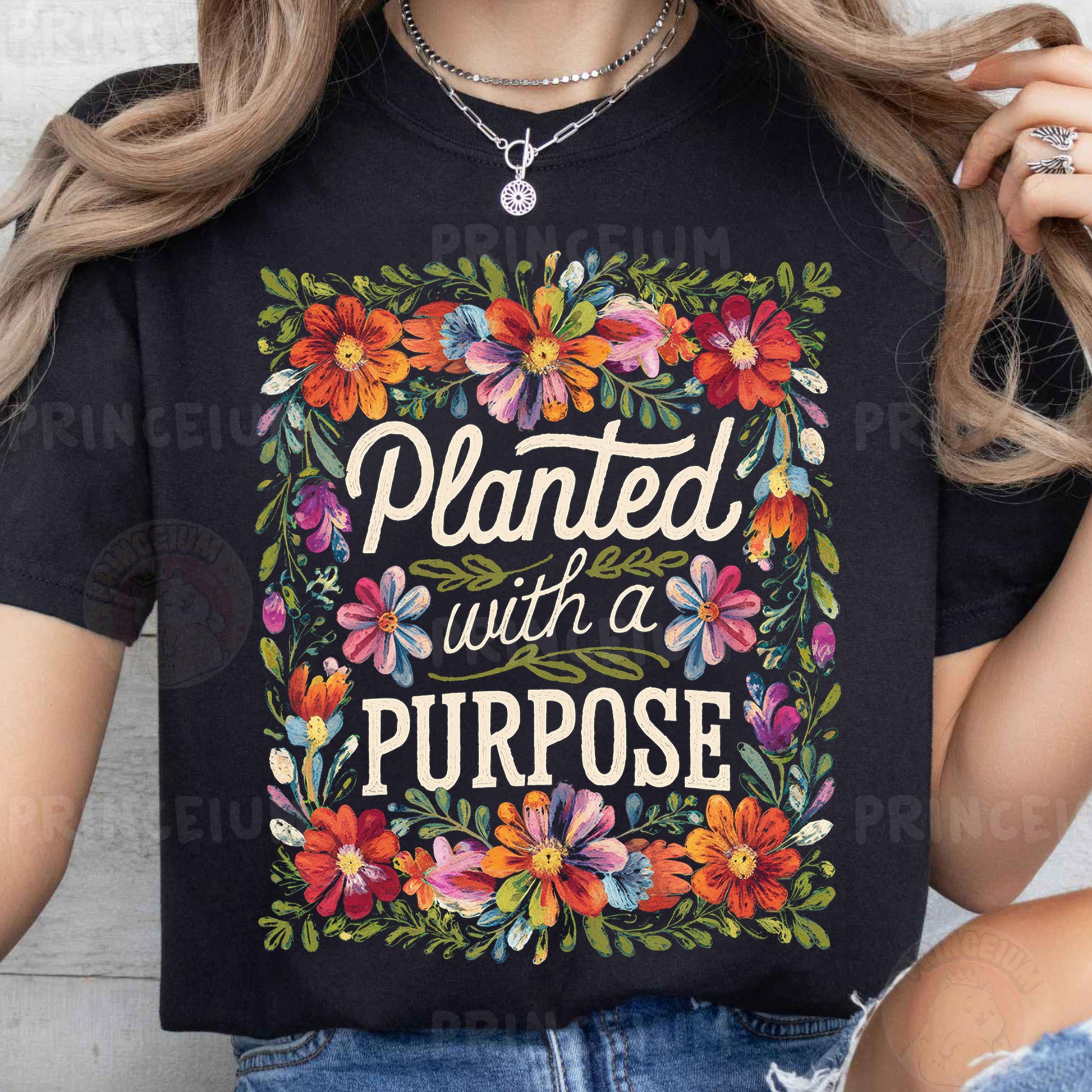 a woman wearing a black shirt that says, planted with a purpose